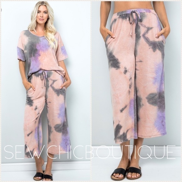 Mauve Charcoal Tie Dye Cropped Wide Leg Pants - Picture 1 of 6